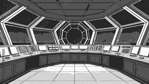 Futuristic spacecraft control room with computer screens