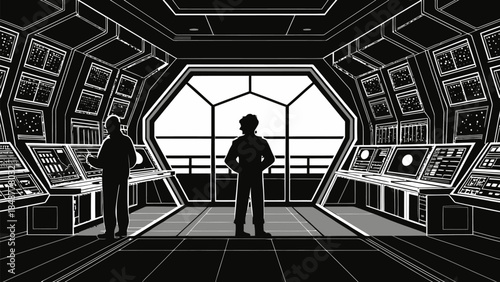 Two astronauts standing in futuristic spacecraft control room