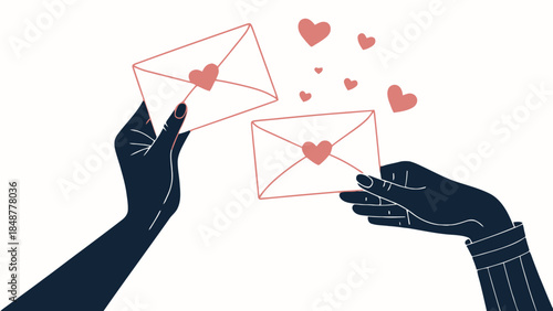 Hands exchanging loving letters with heart symbols