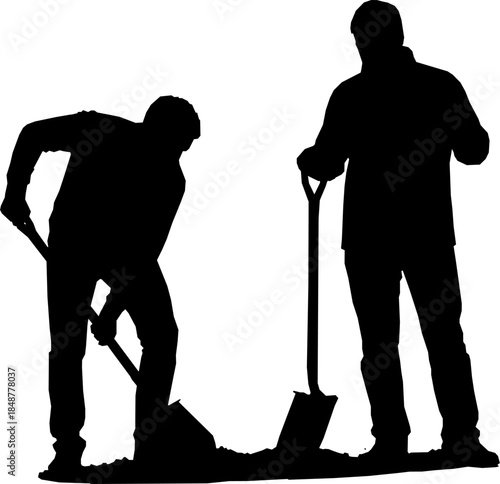 Two figures in silhouette digging with shovels on a white background
