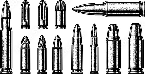 Set of Illustrations of bullets and cartridges in vintage monochrome style. Design element for logo, label, sign, emblem, poster. Vector illustration
