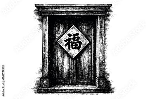 Black and white illustration of an ornate vintage door featuring a diamond-shaped plaque with a bold Asian character, evoking a sense of tradition and mystery.