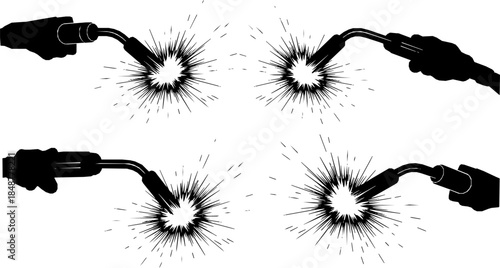 Four black silhouettes of welding torches with sparks on white background
