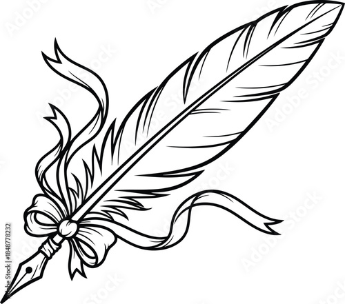 A quill pen with a ribbon tied around its nib and feather