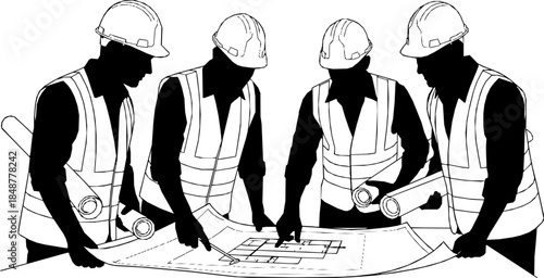 Four construction workers in hard hats reviewing blueprints and plans silhouette
