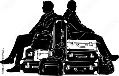 Two people sitting on luggage in silhouette style waiting for transportation
