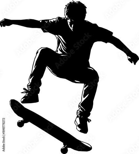 Silhouette of Skateboarder: A dynamic silhouette captures a young skater in mid-air, performing a gravity-defying trick with a skateboard.
