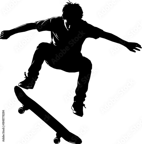 Silhouette of Skateboarder: A dynamic silhouette captures a young skater in mid-air, performing a gravity-defying trick with a skateboard.
