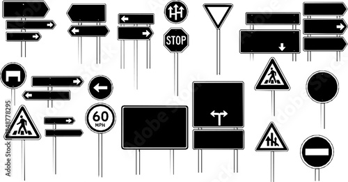 Highway signs. Green pointers on the road, traffic control signs and road direction signboards. Vector illustration information empty roadside signs set on transparent background