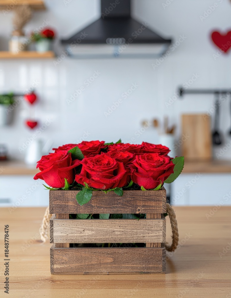 Fototapeta premium Red roses are elegantly arranged in a charming wooden box on a table, set against a softly blurred kitchen background adorned with Valentine's decorations 