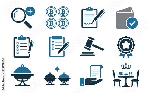 Business, Finance, and Law Icons Set in Blue and Gray Colors for Professional Use