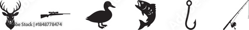 Hunting and fishing outline icon set with clean line style, outdoor sport symbols for web, app, UI