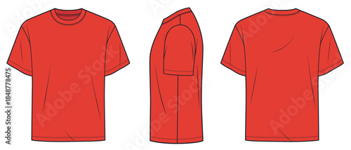 Red T-Shirt Technical Fashion Illustration. Classic Crew Neck T-Shirt fashion flat technical drawing template, relaxed fit, front, side and back view, women, men, unisex CAD mockup set.