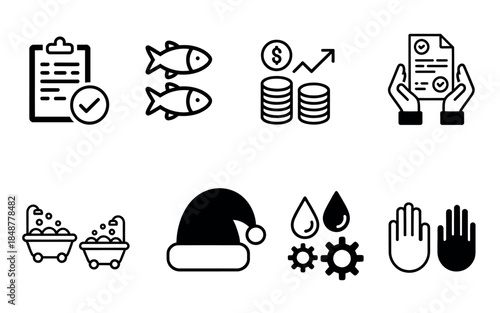 Black and White Business Icons Set Featuring Finance, Industry, and Holiday Symbols