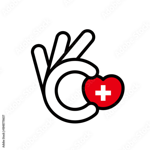 OK sign and health care heart icon, health management, health care, medical logo mark
