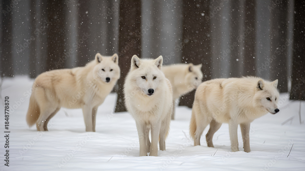 Obraz premium Majestic white wolves standing alert in a beautiful snow-covered woodland scene