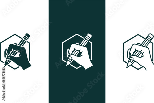 A hand holding a pen in a hexagonal logo design with variations