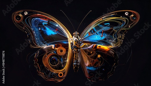 Butterfly composed of intricate gears and wires, blending organic form with mechanical elements on a dark backdrop