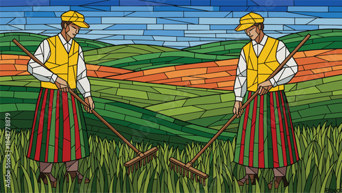 Traditional farmers harvesting green fields illustration, rural agriculture lifestyle, teamwork farming concept, colorful landscape, manual labor, sustainable countryside scene,