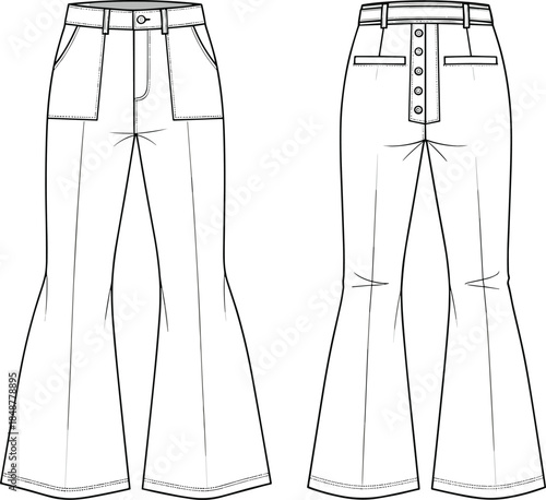 Technical fashion flat sketch of high waist flared pants front and back view garment design blueprint illustration for apparel production sewing pattern denim trousers