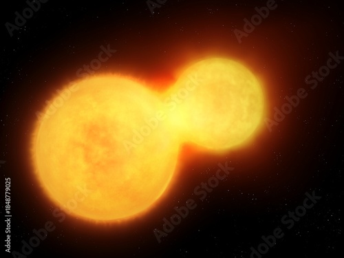 Stars collide in space. Main sequence star merger in a close binary system. Two suns in the same orbit on a black background.