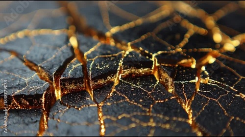 A cracked black obsidian surface repaired with Kintsugi style but using glowing neon gold circuits instead of traditional lacquer.
