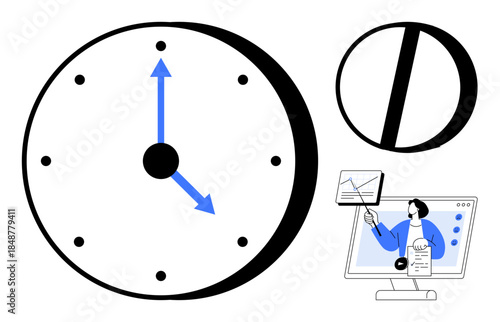 Time management. Clock with arrows time and professional tasks on a screen. Time management improves productivity, task organization, and efficient schedules. For business, education, workflow