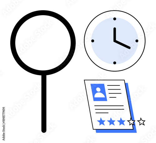 Magnifying glass, clock, and profile document with rating stars highlight evaluation, time management, and task optimization. Ideal for hiring, productivity, research, planning and minimalistic