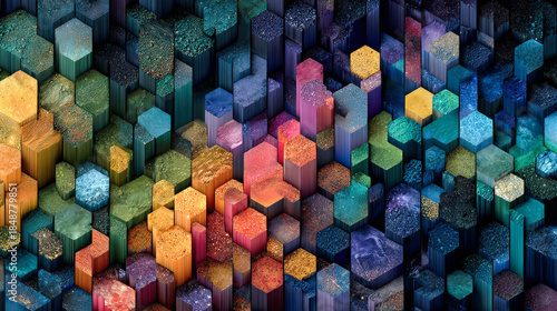 Fototapeta Naklejka Na Ścianę i Meble -  Colorful image of many different colored cubes. The cubes are all different sizes and colors, and they are arranged in a way that creates a sense of depth and movement. The image is abstract