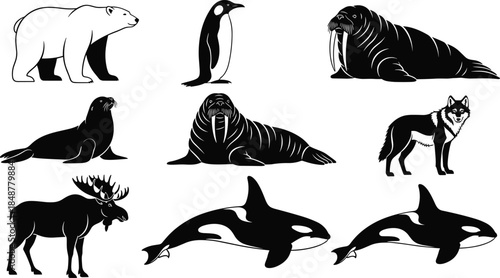 Arctic and marine animal silhouettes collection featuring polar bear penguin walrus seal wolf moose orca, wildlife icons isolated on white
