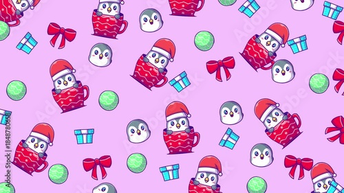 Pattern christmas penguin theme with a light pink background ideal for holiday greeting cards, social media posts, and festive designs.