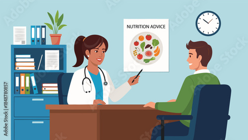 Nutritionist advising a patient in a clinic, discussing healthy eating with a dietary chart on the wall