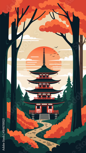 Japanese Pagoda Temple Surrounded by Autumn Trees Under a Setting Sun