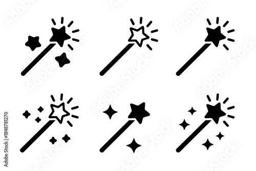 Magical Wand Icons with Sparkling Stars, Fantasy Symbols, and Glowing Effects