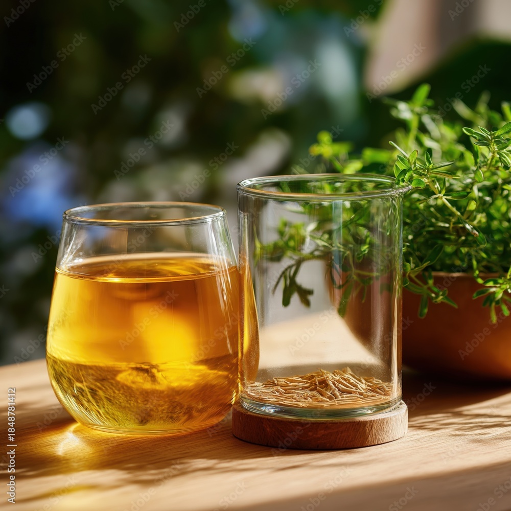 Fototapeta premium Herbal infusion with fresh thyme and chamomile on sunlit table