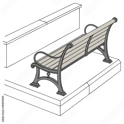 Of a realistic double seat wooden bench with metal frame