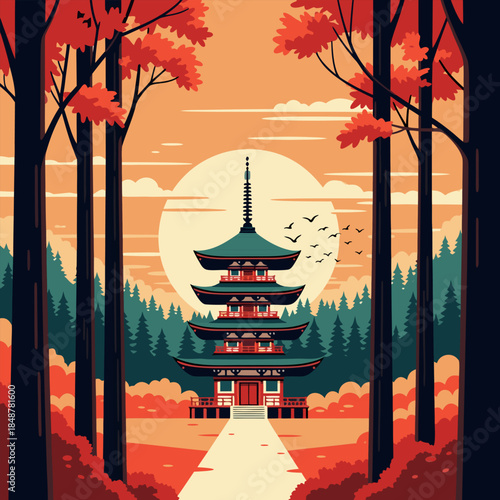Traditional Japanese Pagoda in a Vibrant Autumn Forest Landscape Illustration, Eastern Architecture Art Capturing Cultural Heritage and Tranquility Under Golden Sky