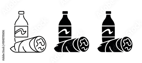 Black and White Food and Drink Icons: Burritos and Bottles in Minimalist Style