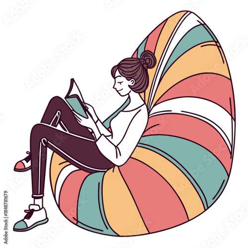Woman sitting on colorful bean bag chair reading book 1