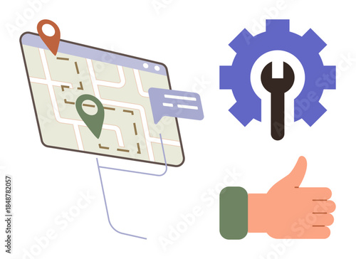 Digital map interface with location pins and chat bubble, gear with wrench for settings or tools, hand showing thumbs-up. Ideal for navigation, tools, approval, support, usability, configuration