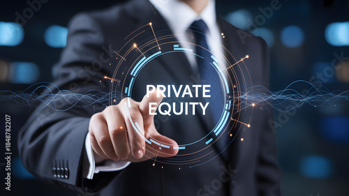 A businessman interacts with a private equity digital interface on a futuristic screen, showing investment strategies and financial technology