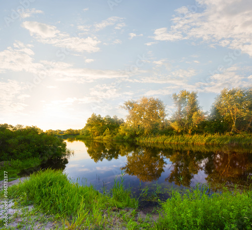 Wallpaper Mural calm river with forest on coast at the sunset Torontodigital.ca