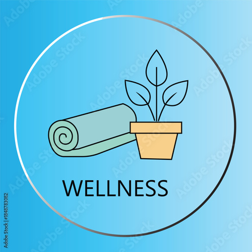 Wellness Concept Illustration with Yoga Mat and Potted Plant on Blue Gradient Background
