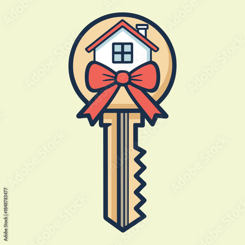  House Key with Red Ribbon Bow Icon, Real Estate Gift and New Home Owner Celebration Concept