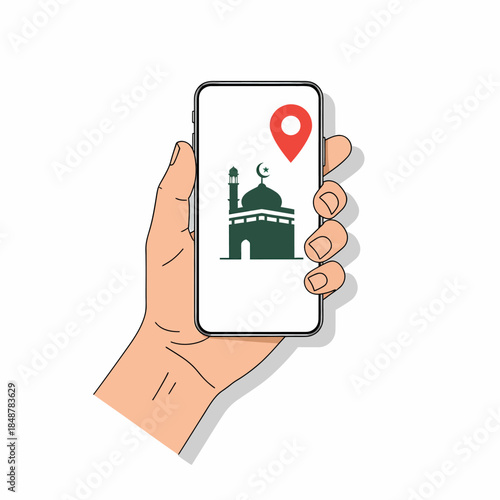Mosque locator app on smartphone held in hand with pin icon indicating location