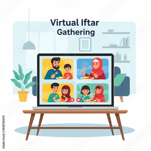 Virtual Iftar Gathering illustration showing families celebrating Ramadan meal together online via video call on a laptop screen
