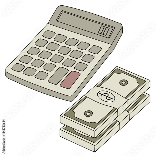 Calculator next to stack of money stack of cash dollars