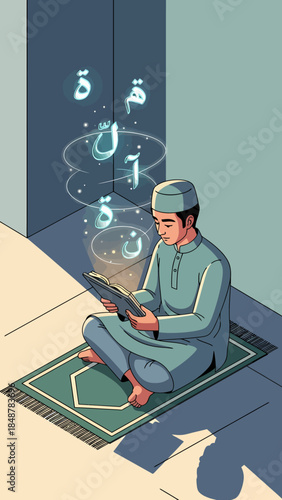 A Muslim man deeply engrossed in reading the Quran, with Arabic calligraphy gracefully ascending