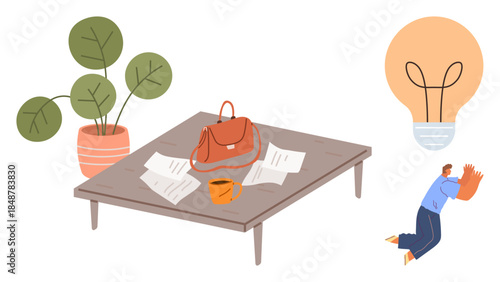 Table with papers, bag, plant, cup, oversized light bulb representing ideas, person reaching for inspiration. Ideal for creativity, productivity, brainstorming innovation workspace motivation
