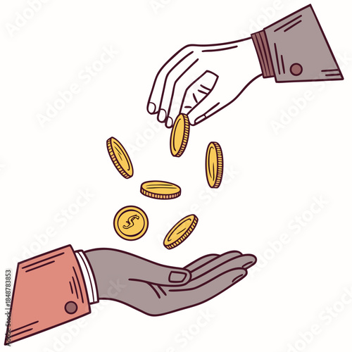 Two hands passing coins in mid air money exchange transfer
